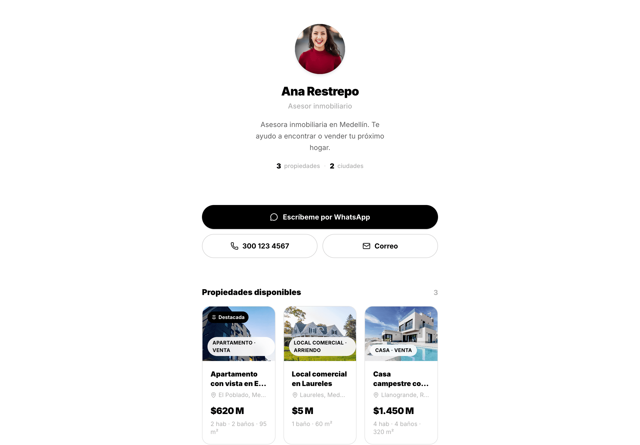 Perfil público de un agente en Conexory con su portafolio de propiedades activas