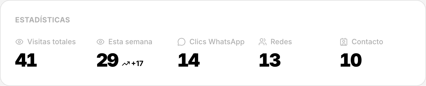 Panel de estadísticas de una propiedad en Conexory: visitas, clics de WhatsApp, redes y contacto