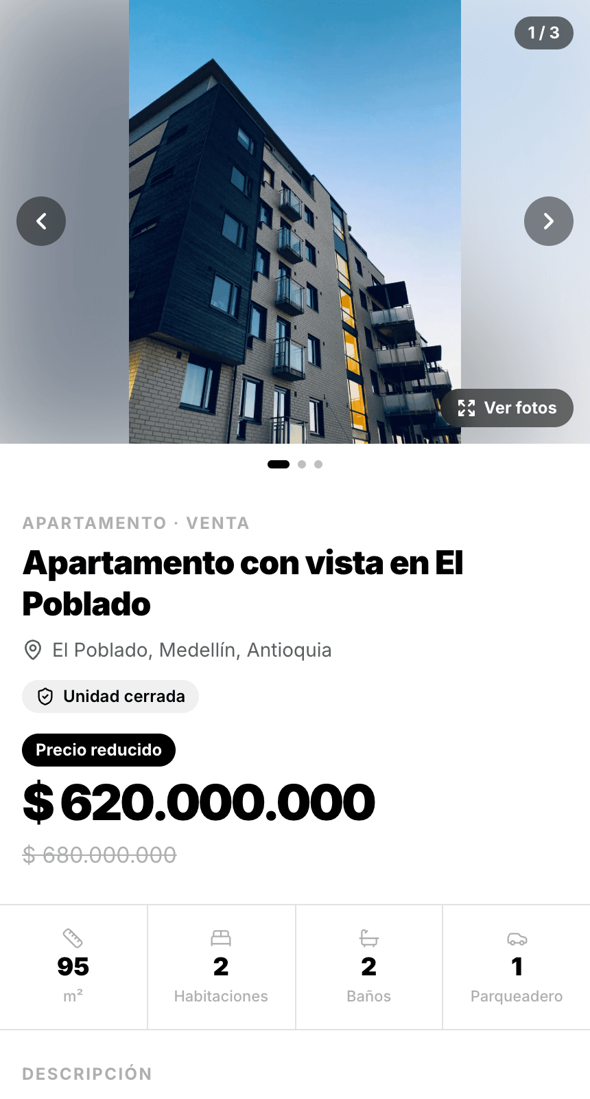 Ficha pública de una propiedad en Conexory, con precio, ubicación y botón de WhatsApp