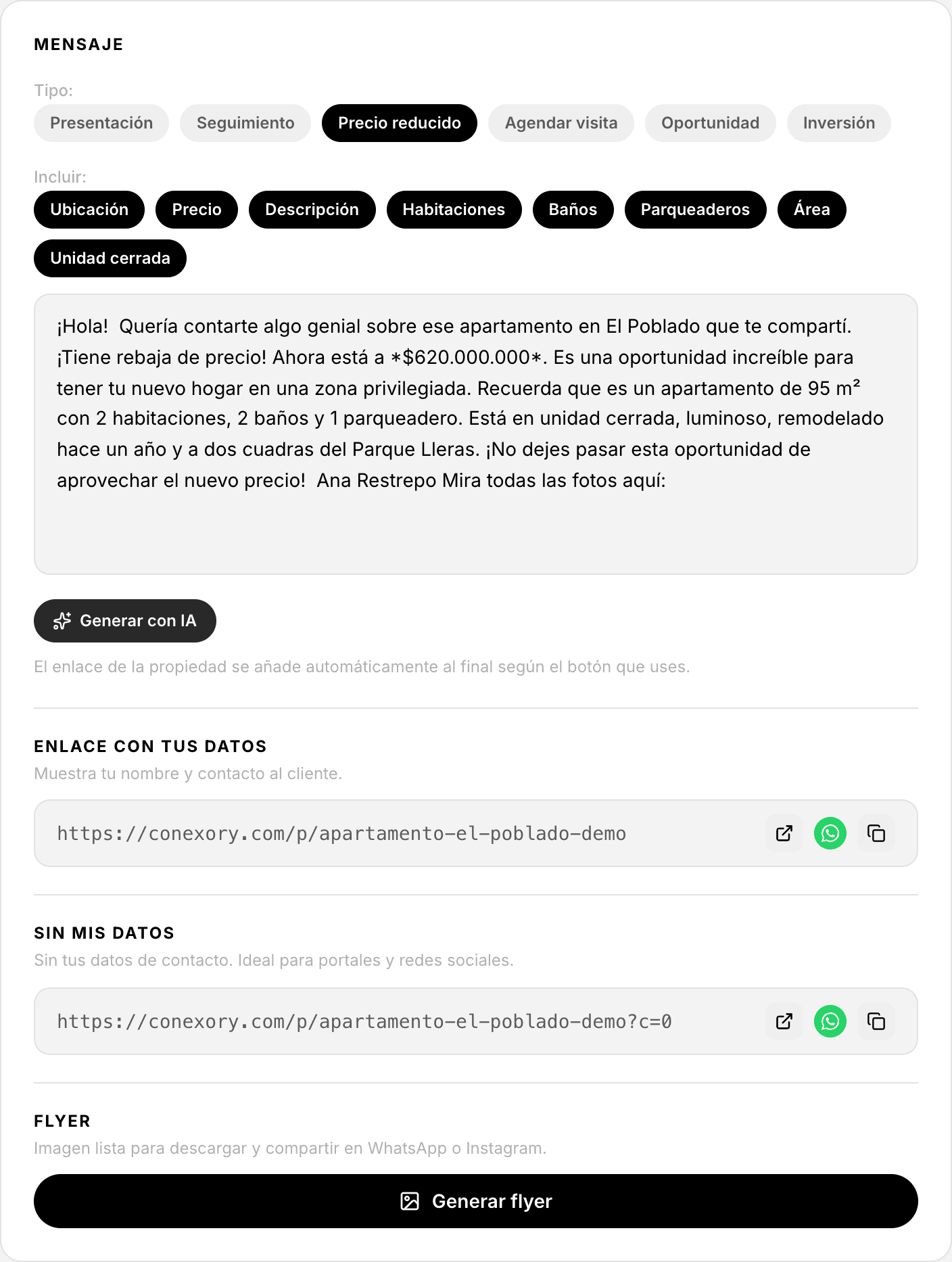 Panel de Conexory generando un mensaje de WhatsApp con IA para una propiedad